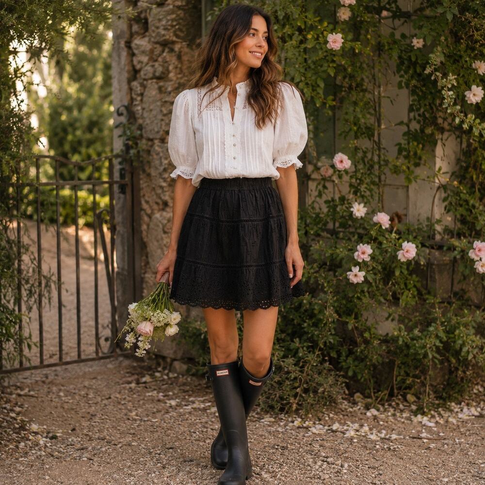 Ulla Johnson Ayla Mini Skirt Size 6 Black Eyelet Lace Trim Tiered Boho Cotton